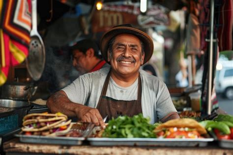 Smiling Mexican Food Vendor at a Street Food Stand | Premium AI ...