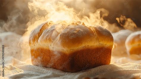 A 3D loaf of bread with steam rising in a soft, cozy bakery environment ...