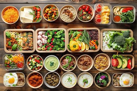 A Variety of healthy meals packed in takeout boxes arranged on a wooden ...