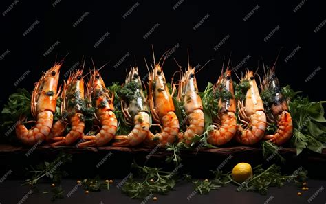 Premium AI Image | Fresh Herb Garnish on a Row of Prawns Generative AI