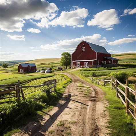 Premium AI Image | A_charming_countryside_farm_with_rolling_hills_red_barns