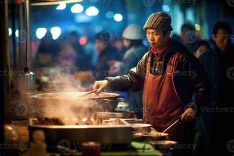 On a bustling street market in Southeast Asia, a vendor is preparing ...