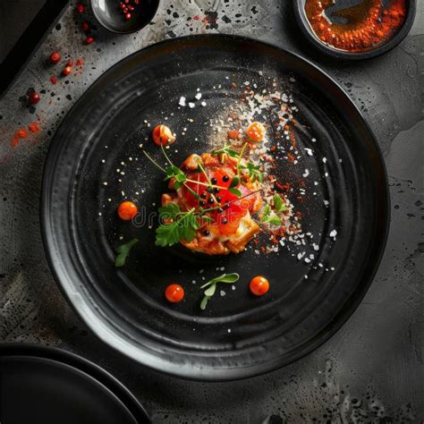Gourmet Dish Artfully Plated on a Black Plate in a Modern Culinary ...