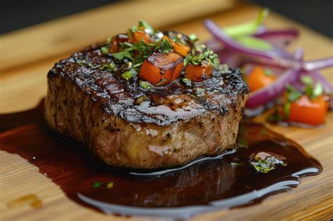 Grilled Steak with Herb Garnish Served on a Wooden Board with Savory ...