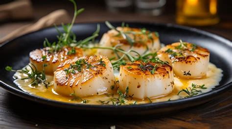 Premium Photo | Plate of seared scallops with a golden crust