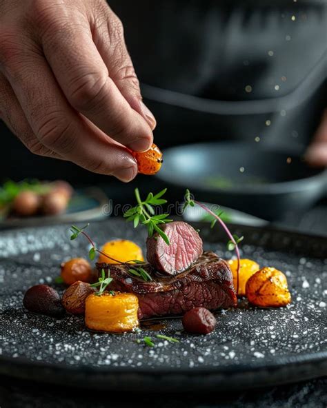Chef Adding Final Touch To Gourmet Beef Dish. Close-up of Hand ...