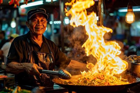 Premium Photo | A street food vendor expertly cooking flames leaping ...