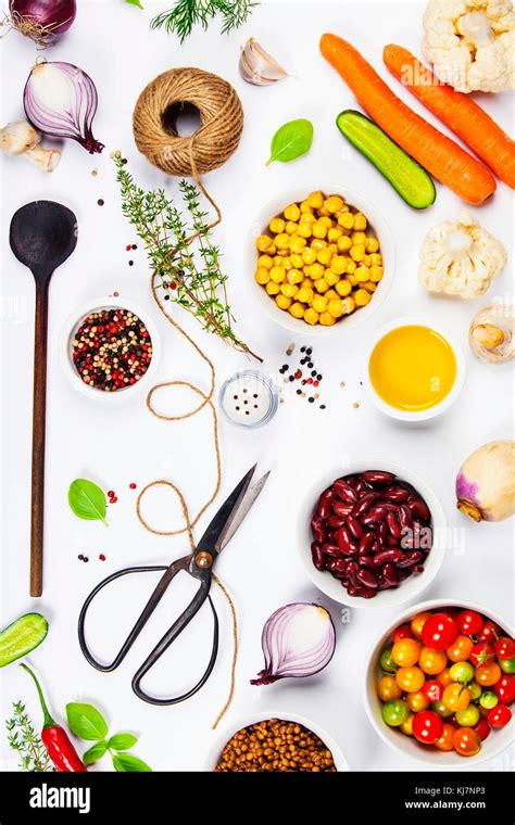 Colorful food ingredients on white background. Bio Healthy food herbs ...