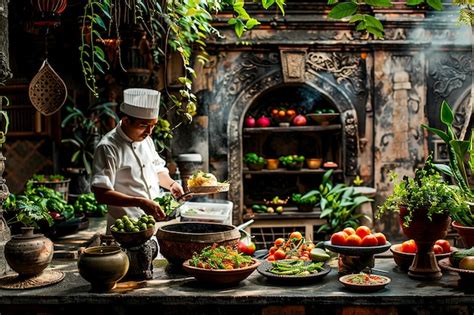 Chef Preparing Traditional Dishes Surrounded by Greenery and Ancient ...