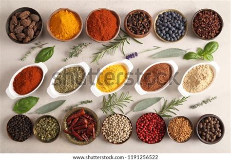 Colorful Aromatic Spices Fresh Herbs Bowls Stock Photo 1191256522 ...
