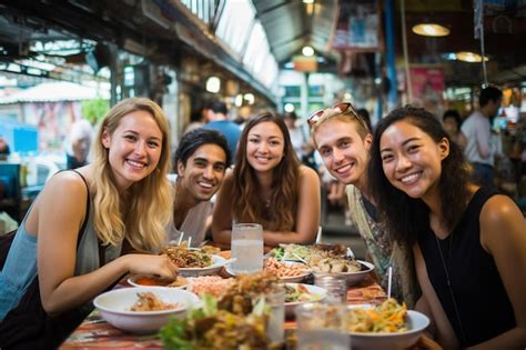 Premium AI Image | Group of friends tourist enjoy eating traditional ...