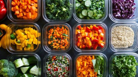 Overhead View of Colorful Chopped Vegetables in Clear Containers Stock ...