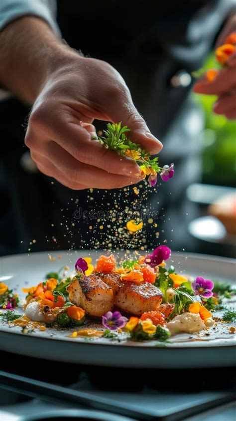 Culinary Artist Garnishes a Colorful Dish with Fresh Herbs and Edible ...