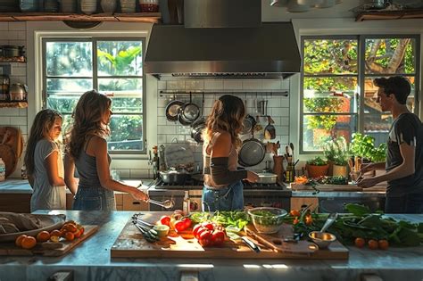 A gathering of friends preparing a feast in a brightly lit kitchen ...