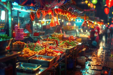 Bustling Street Food Market with Vibrant Stalls and Culinary Delights ...