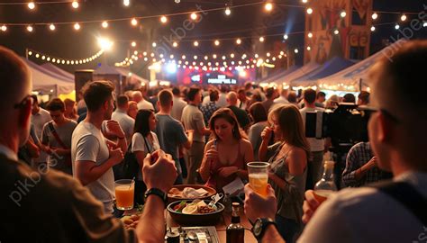Crowd Of People Having Dinner At Outdoor Food Festival Closeup ...