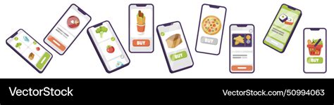 A series of smartphones displaying different food Vector Image