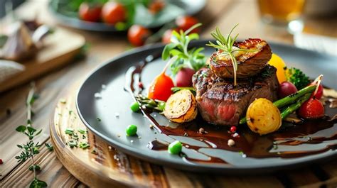 A perfectly cooked steak with vegetables and sauce | Premium AI ...