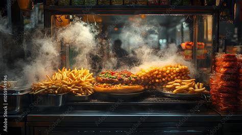 vibrant street food stall showcasing steaming fries and loaded burgers ...