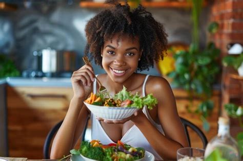 A woman enjoying a healthy meal rich in vitamins and nutrients for ...