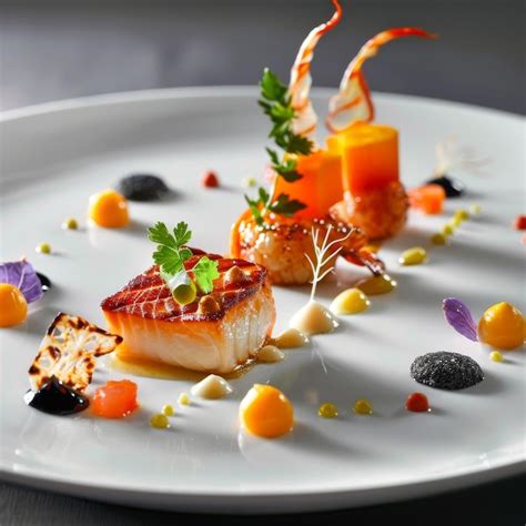 A beautifully plated dish featuring panseared fish roasted vegetables ...