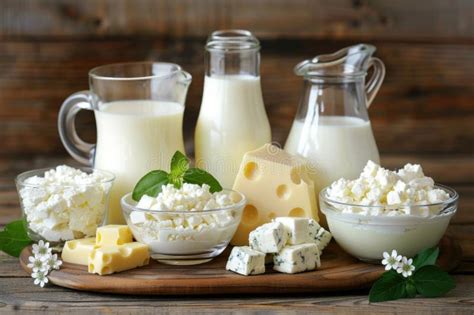 Assorted Dairy Products on Wooden Table with Fresh Herb Garnish Stock ...