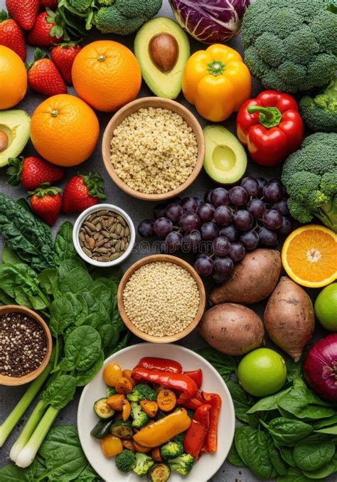Vibrant Assortment of Fresh Fruits Vegetables and Grains Stock ...