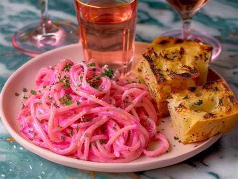 Gourmet Pasta Dish with Pink Sauce and Grilled Bread on Elegant Table ...
