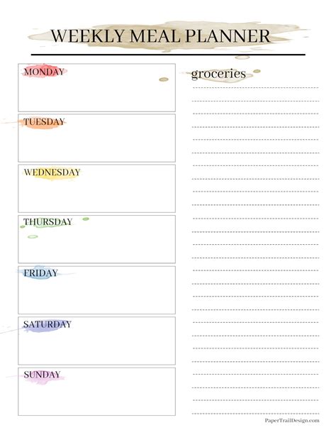 Rainbow Watercolor Weekly Meal Planner with Grocery List
