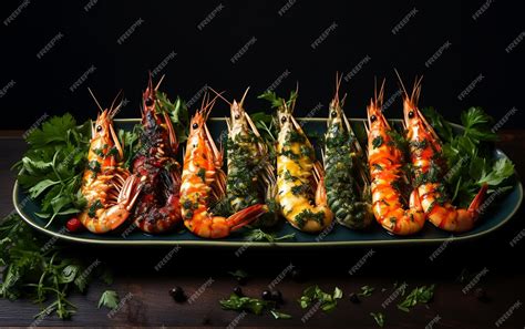 Premium AI Image | Fresh Herb Garnish on a Row of Prawns Generative AI