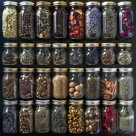 Premium Photo | Dried Herbs and Spices in Glass Jars