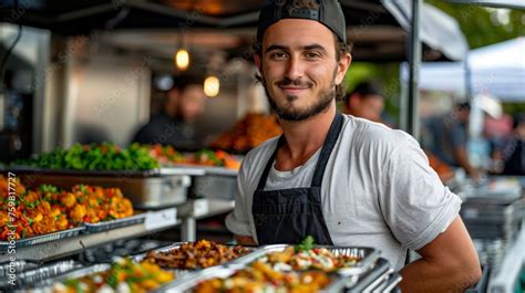 Smiling Street Food Vendor at Market Stall. Friendly street food vendor ...