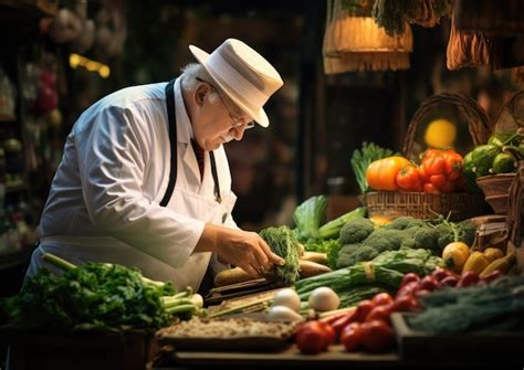 Premium AI Image | Chef inspecting fresh ingredients at a local market