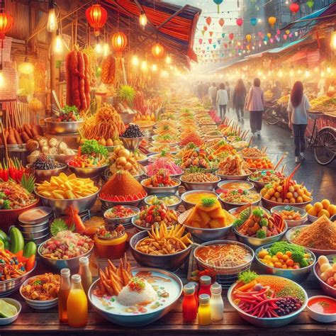 Vibrant Street Food Market with Diverse Dishes Stock Image - Image of ...
