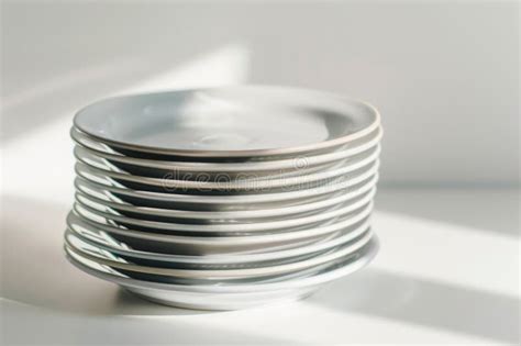 A Collection of Dishes and Plates Stacked on a Wooden Table Stock Image ...