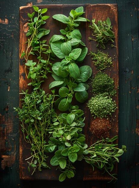 Various fresh herbs on wooden cutting board | Premium AI-generated image