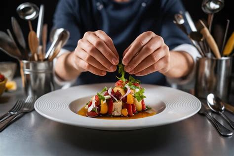 Chef Garnishing a Gourmet Dish with Fresh Herbs in a Fine Dining ...
