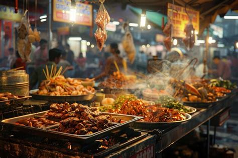 Premium Photo | A bustling street food market with diverse cuisine