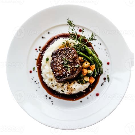 Exquisitely Presented Gourmet Steak Dish with Vegetables and Artful ...