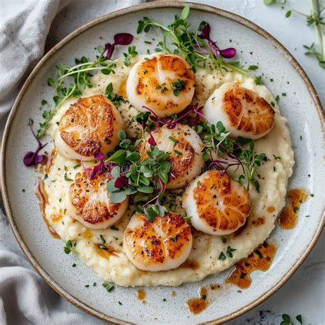 Perfectly Seared Scallops Served on Creamy Puree with Fresh Herbs and ...