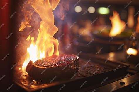 Premium AI Image | Closeup of sizzling steak in restaurant kitchen with ...