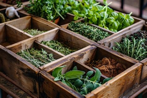 Assortment of Fresh Herbs in Wooden Boxes | Premium AI-generated image