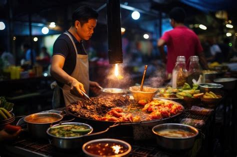 Premium AI Image | A vibrant and bustling street food market in a ...