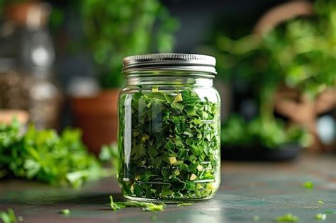 A sealed jar filled with green herbs | Premium AI-generated image