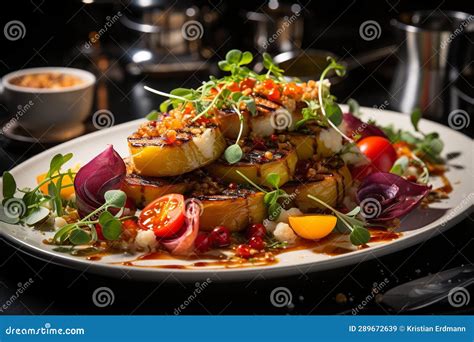 Beautifully Plated Vegan Dish, Vibrant Colors and Textures Stock ...