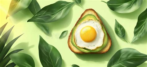 Avocado Toast with Fried Egg Surrounded by Green Leaves, Vibrant Colors ...