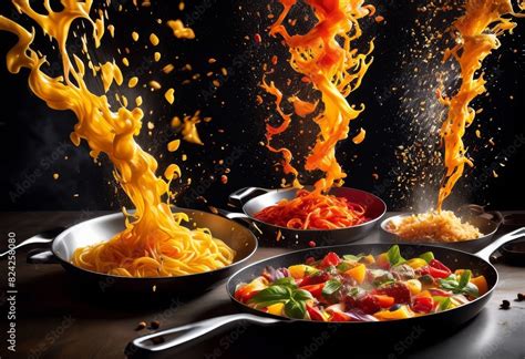 dynamic action shots food being tossed flipped pan captured burst mode ...