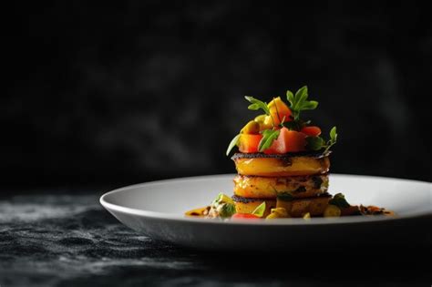 A beautifully plated gourmet dish featuring layered vegetables and ...