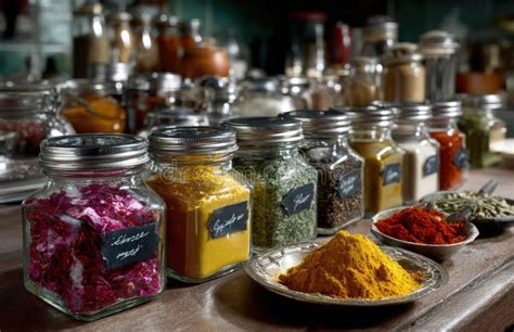 Colorful Spices and Herbs are Stored in Glass Jars and Metal Containers ...
