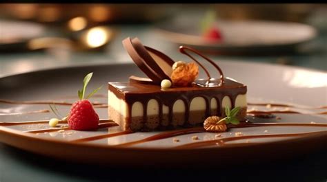 An artfully plated dessert with intricate chocolate garnishes | Premium ...